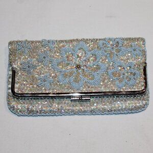 vintage Saks Clothiers beaded sequin evening purse clutch fold over blue silver